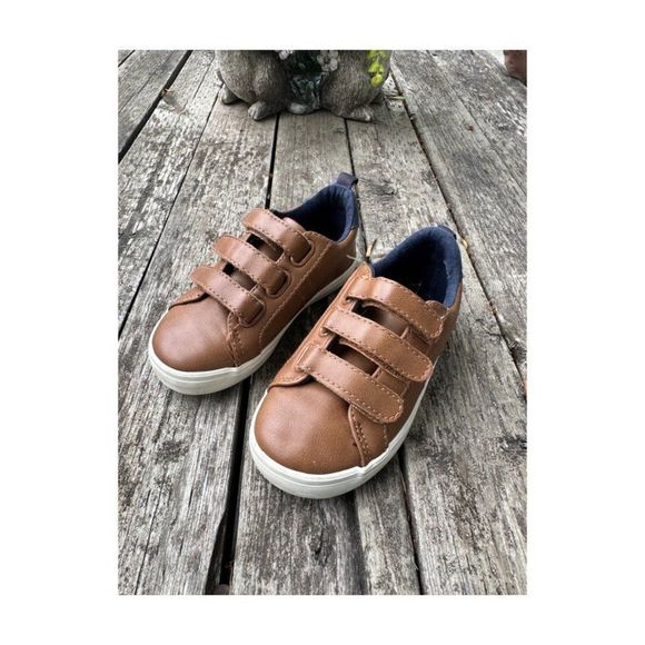 Old navy Sneakers Tan Navy White Sole Triple Strap Hook & Loop Sz 9 Toddler - Picture 1 of 9